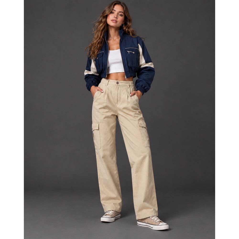 VTG Votre Nom Jens Boutique Tan Cargo Pants Wide Leg Made in France Size 44F Y2K